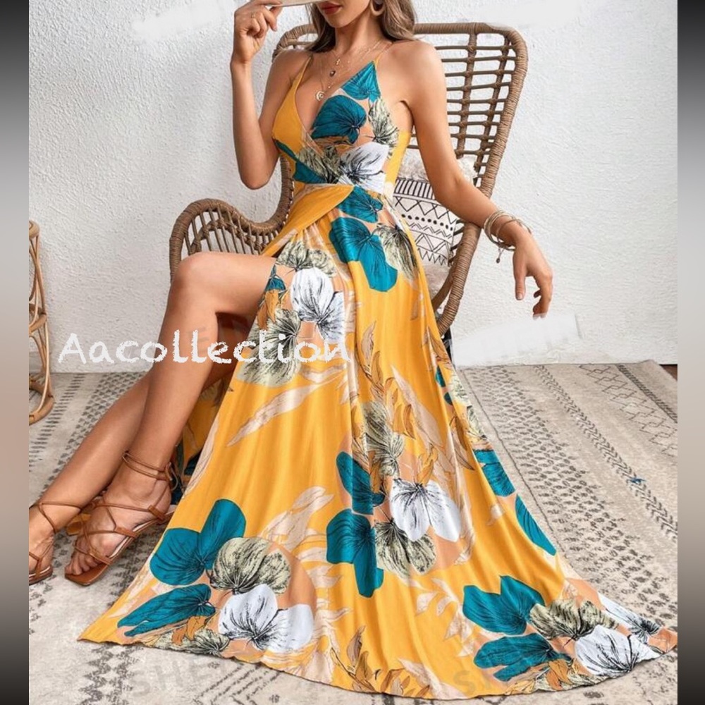 Boho Floral Tropical Print Backless Open Back Slit Maxi Dress - Picture 1 of 3